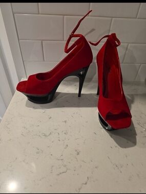 Red Suede Peep-Toe Platform Heels with Ankle Strap